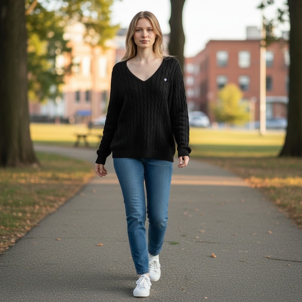Chaps Womens 1X Black Cotton Cable Knit V-Neck Long Sleeve Sweater